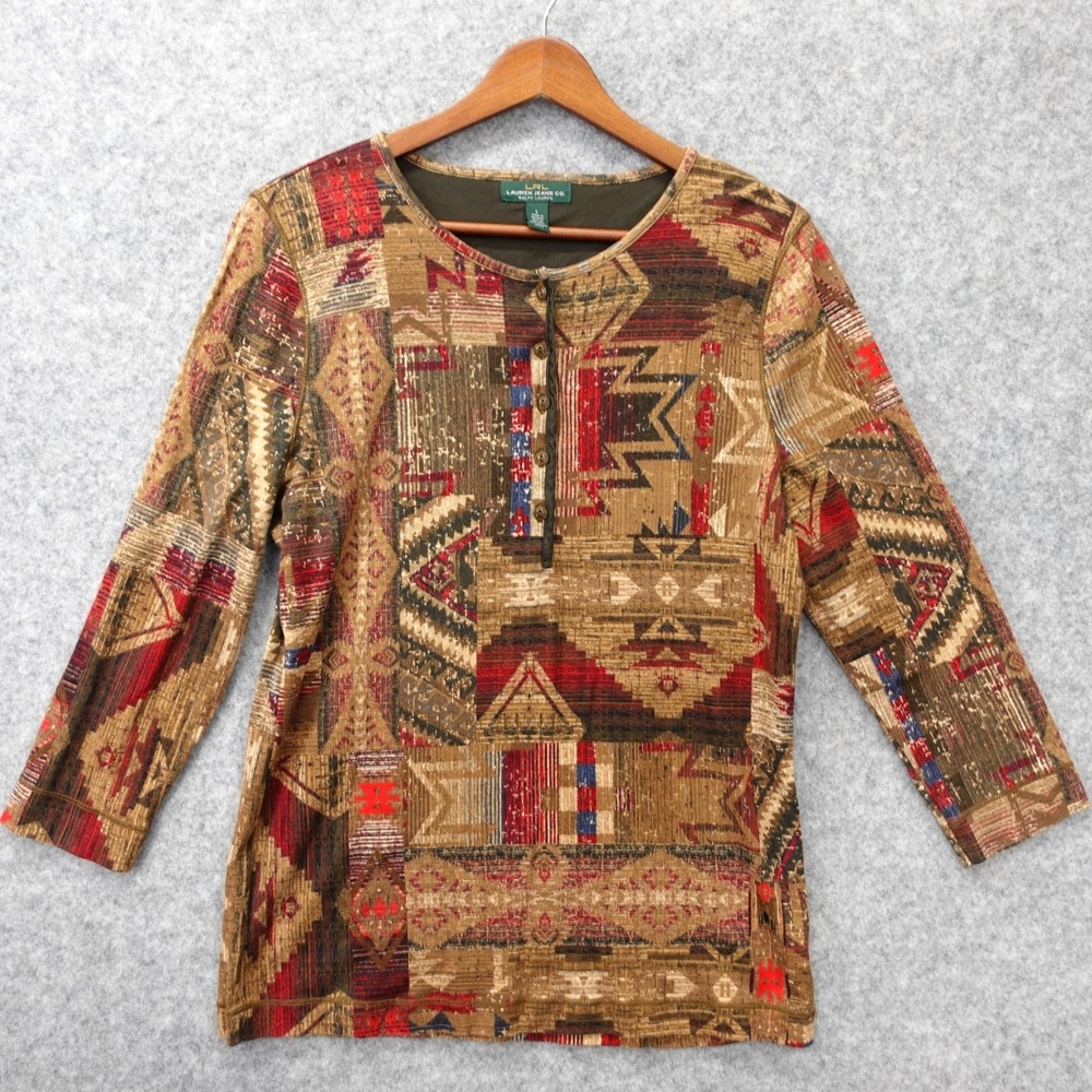 Ralph Lauren Aztec Henley Shirt Womens M Brown LRL LAUREN Jeans Co Southwestern